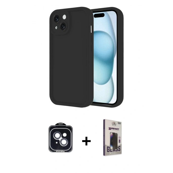 MARSİLYAN™- iPhone 14 Kılıf Yankı Yansıma Özel Seri - Siyah Bilvis Hayalet Cam Ekran Koruyucu + PVD Metal Kamera Lens - SH