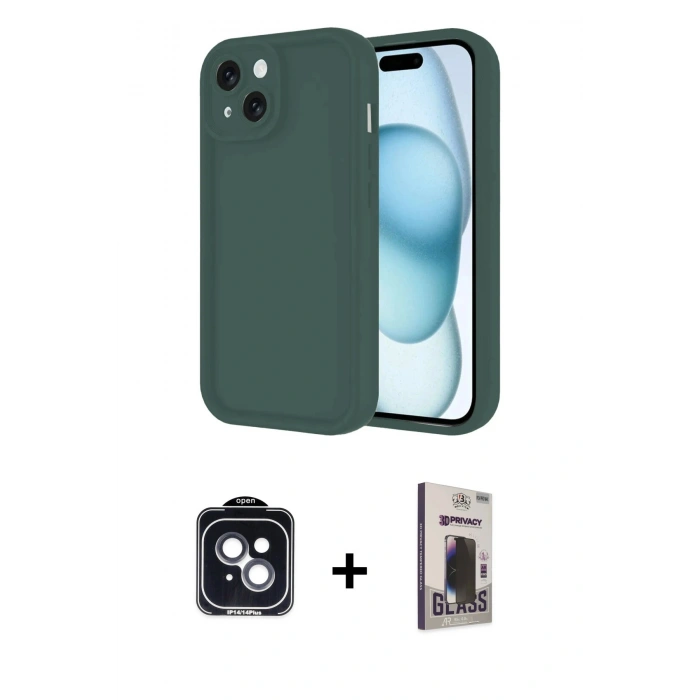 MARSİLYAN™- iPhone 14 Kılıf Yankı Yansıma Özel Seri - Siyah Bilvis Hayalet Cam Ekran Koruyucu + PVD Metal Kamera Lens - SH
