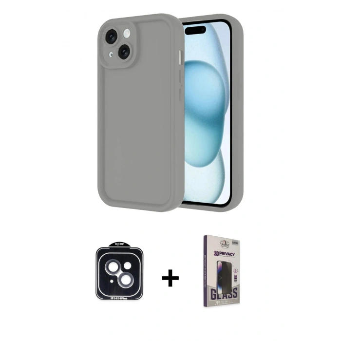 MARSİLYAN™- iPhone 14 Kılıf Yankı Yansıma Özel Seri - Siyah Bilvis Hayalet Cam Ekran Koruyucu + PVD Metal Kamera Lens - SH