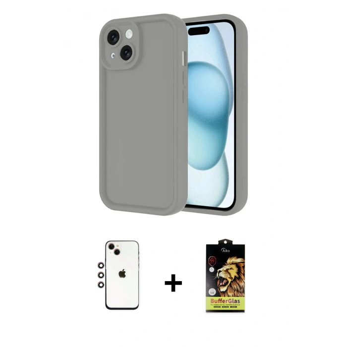 MARSİLYAN™- iPhone 14 Kılıf Yankı Yansıma Özel Seri - Siyah Buffer Cam Ekran Koruyucu + Gökkuşağı Shine Kamera Lens
