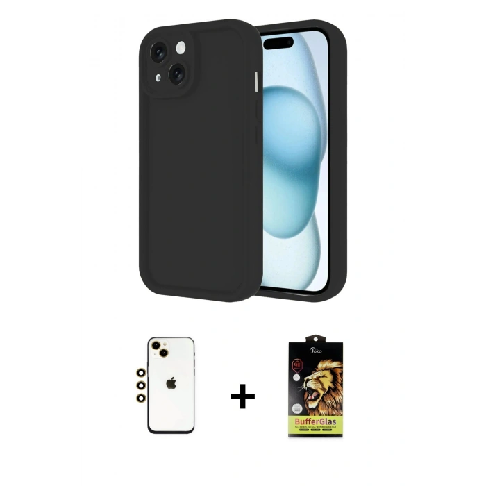 MARSİLYAN™- iPhone 14 Kılıf Yankı Yansıma Özel Seri - Siyah Buffer Cam Ekran Koruyucu + Shine Kamera Lens - GD