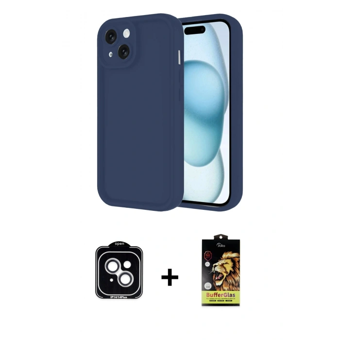 MARSİLYAN™- iPhone 14 Kılıf Yankı Yansıma Özel Seri - Siyah Buffer Cam Ekran Koruyucu + PVD Metal Kamera Lens - GS