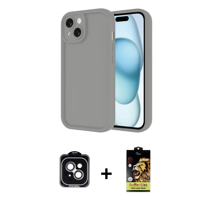MARSİLYAN™- iPhone 14 Kılıf Yankı Yansıma Özel Seri - Siyah Buffer Cam Ekran Koruyucu + PVD Metal Kamera Lens - YL