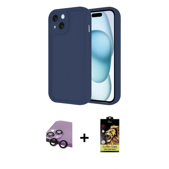 MARSİLYAN™- iPhone 14 Kılıf Yankı Yansıma Özel Seri - Siyah Buffer Cam Ekran Koruyucu + Raze Metal Kamera Lens - SH