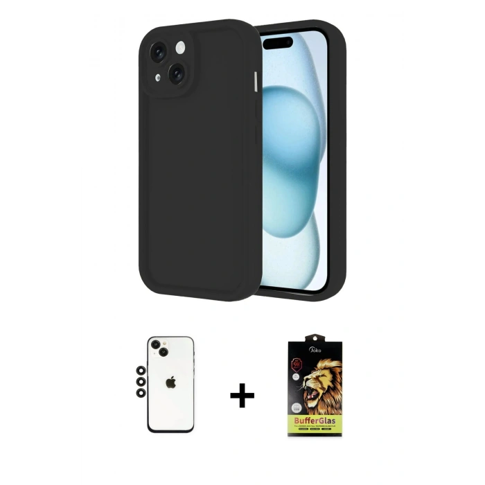 MARSİLYAN™- iPhone 14 Kılıf Yankı Yansıma Özel Seri - Siyah Buffer Cam Ekran Koruyucu + Shine Kamera Lens - SH