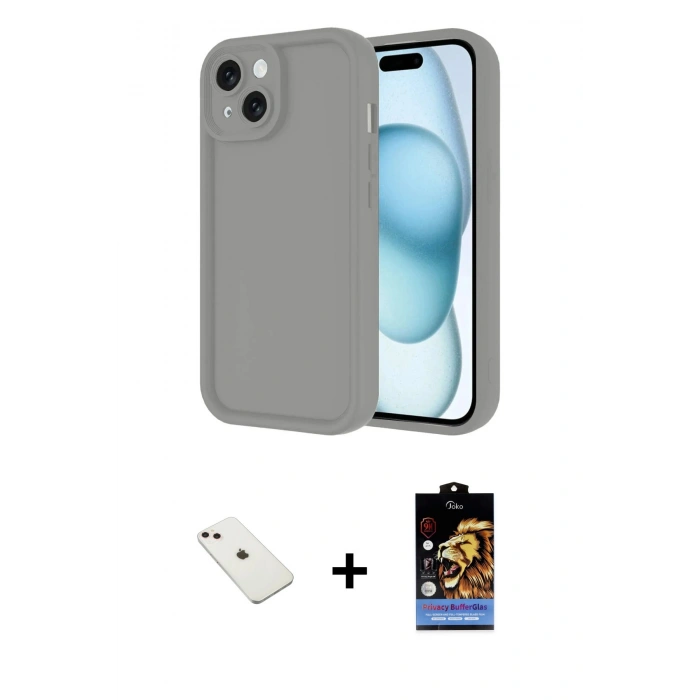MARSİLYAN™- iPhone 14 Kılıf Yankı Yansıma Özel Seri - Siyah Buffer Hayalet Cam Ekran Koruyucu + Pembe Diamond Kamera Lens