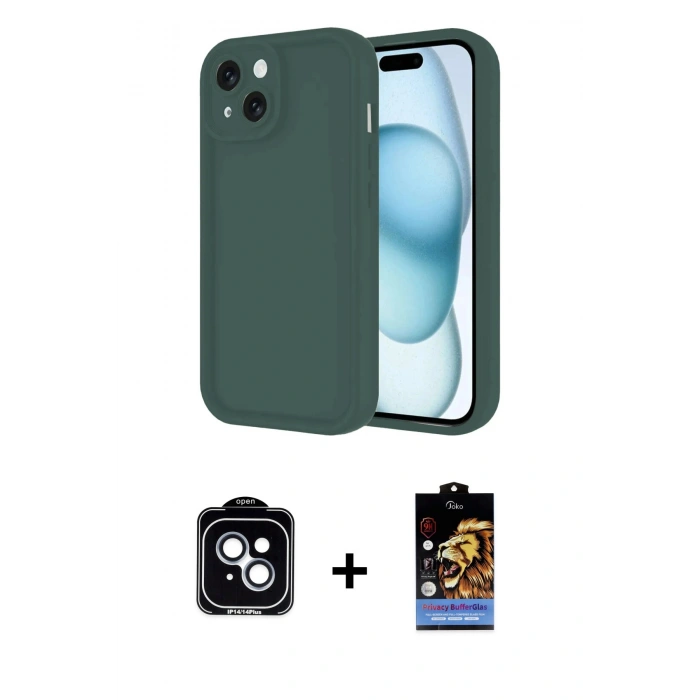 MARSİLYAN™- iPhone 14 Kılıf Yankı Yansıma Özel Seri - Siyah Buffer Hayalet Cam Ekran Koruyucu + PVD Metal Kamera Lens - MI