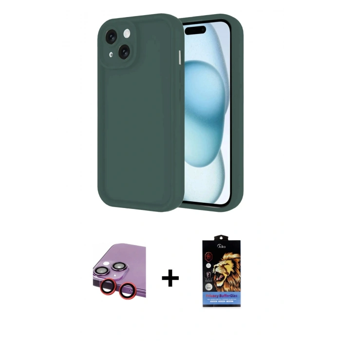 MARSİLYAN™- iPhone 14 Kılıf Yankı Yansıma Özel Seri - Siyah Buffer Hayalet Cam Ekran Koruyucu + Raze Metal Kamera Lens - KI