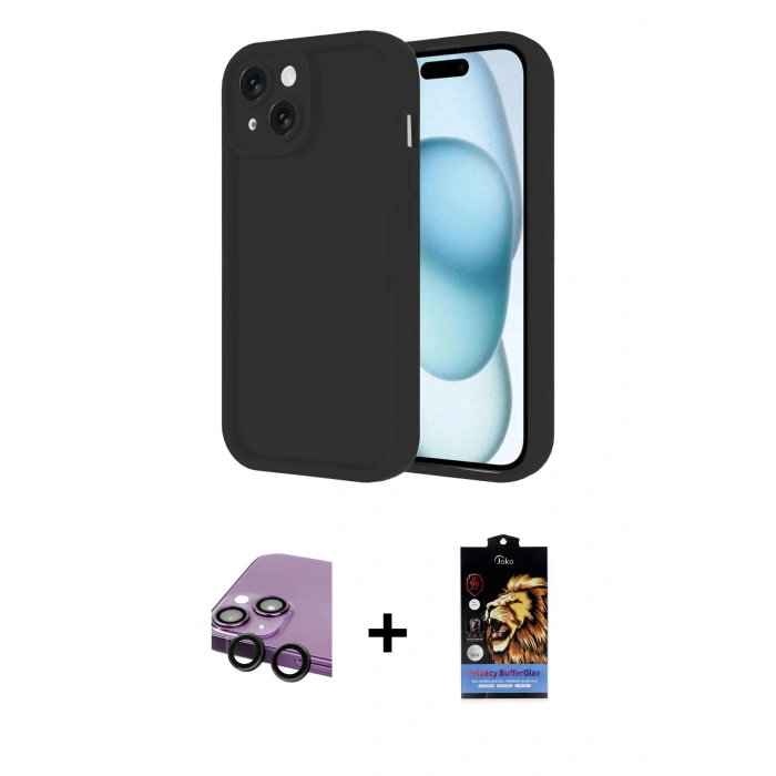 MARSİLYAN™- iPhone 14 Kılıf Yankı Yansıma Özel Seri - Siyah Buffer Hayalet Cam Ekran Koruyucu + Raze Metal Kamera Lens - SH