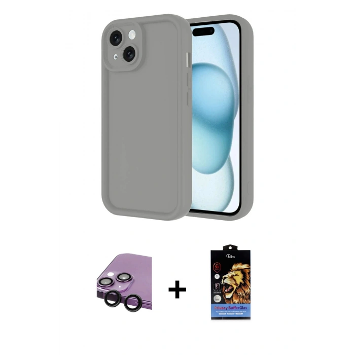 MARSİLYAN™- iPhone 14 Kılıf Yankı Yansıma Özel Seri - Siyah Buffer Hayalet Cam Ekran Koruyucu + Raze Metal Kamera Lens - SH