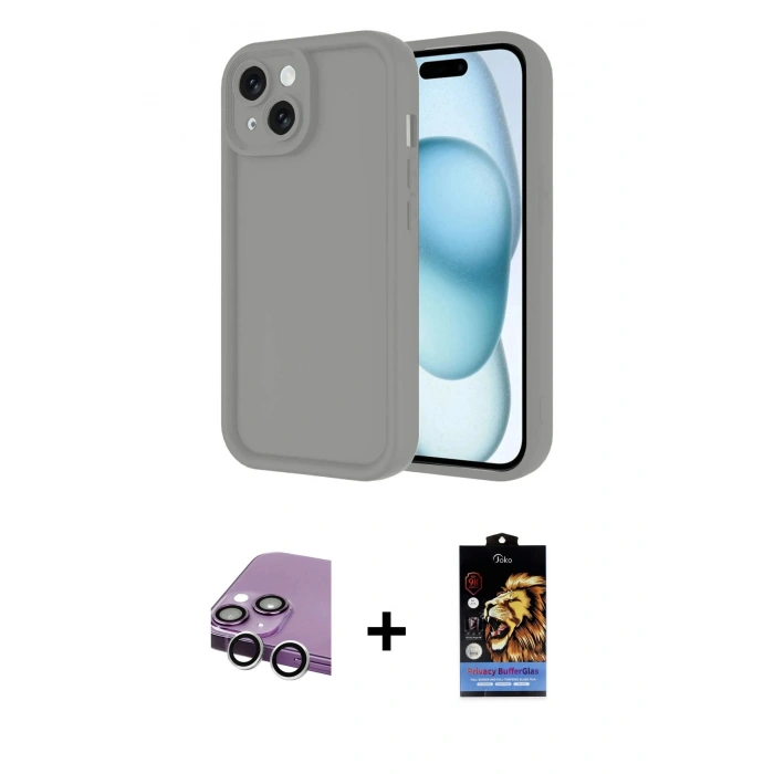 MARSİLYAN™- iPhone 14 Kılıf Yankı Yansıma Özel Seri - Siyah Buffer Hayalet Cam Ekran Koruyucu + Raze Metal Kamera Lens - GS