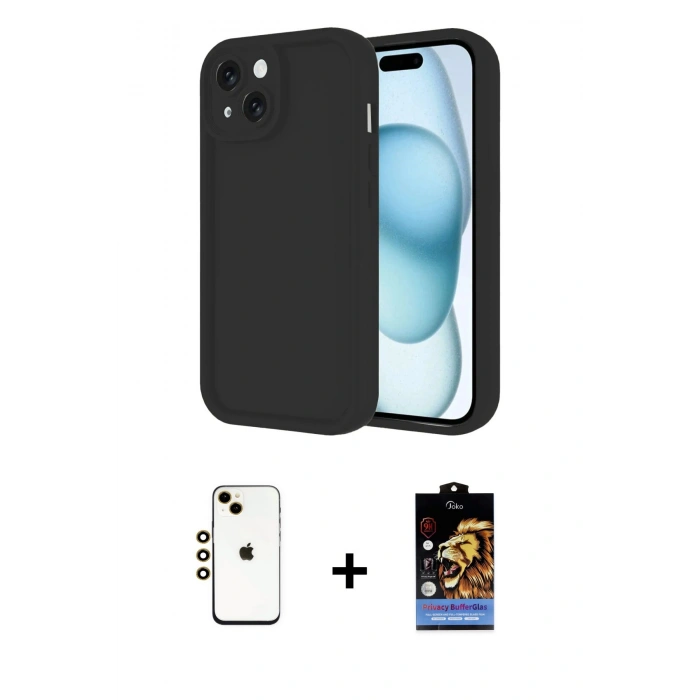 MARSİLYAN™- iPhone 14 Kılıf Yankı Yansıma Özel Seri - Siyah Buffer Hayalet Cam Ekran Koruyucu + Shine Kamera Lens - GD