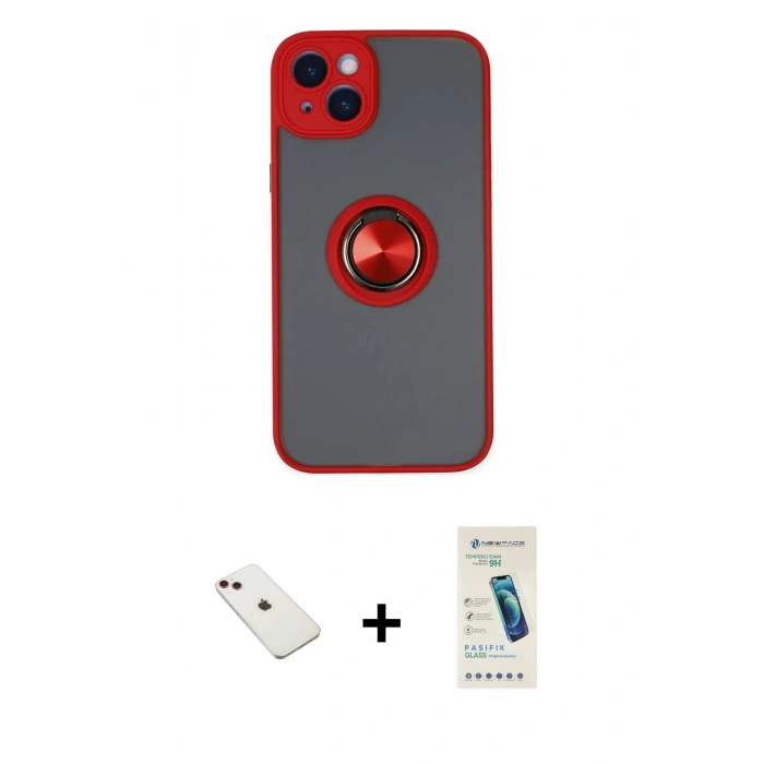 MARSİLYAN™- iPhone 14 Kılıf Yörünge Çizgi - Şeffaf Pasifik Cam Ekran Koruyucu + Diamond Kamera Lens - KI