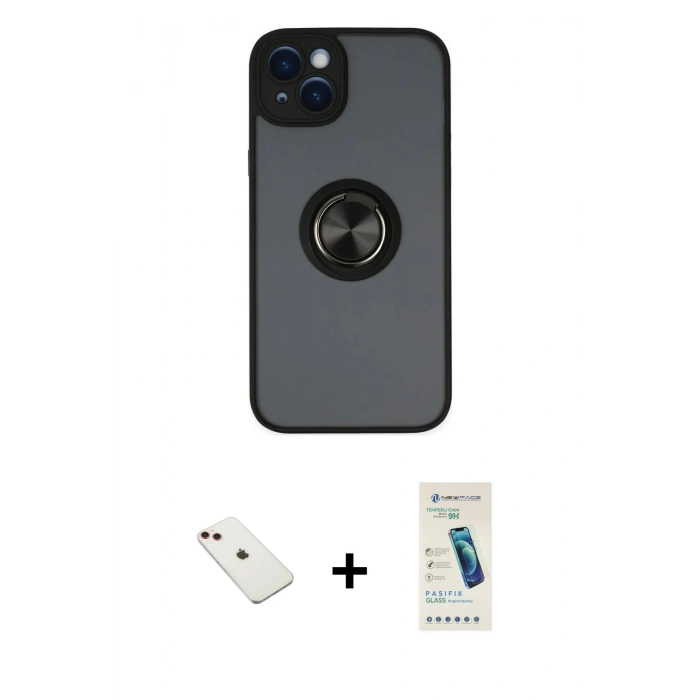MARSİLYAN™- iPhone 14 Kılıf Yörünge Çizgi - Şeffaf Pasifik Cam Ekran Koruyucu + Diamond Kamera Lens - KI