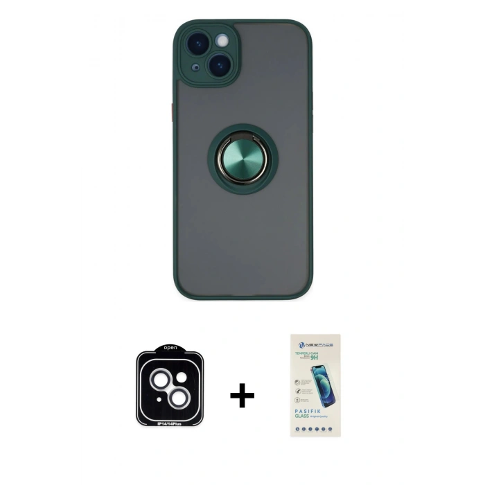MARSİLYAN™- iPhone 14 Kılıf Yörünge Çizgi - Şeffaf Pasifik Cam Ekran Koruyucu + PVD Metal Kamera Lens - GS