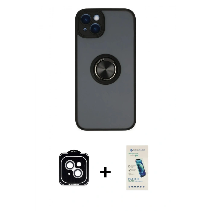 MARSİLYAN™- iPhone 14 Kılıf Yörünge Çizgi - Şeffaf Pasifik Cam Ekran Koruyucu + PVD Metal Kamera Lens - GS