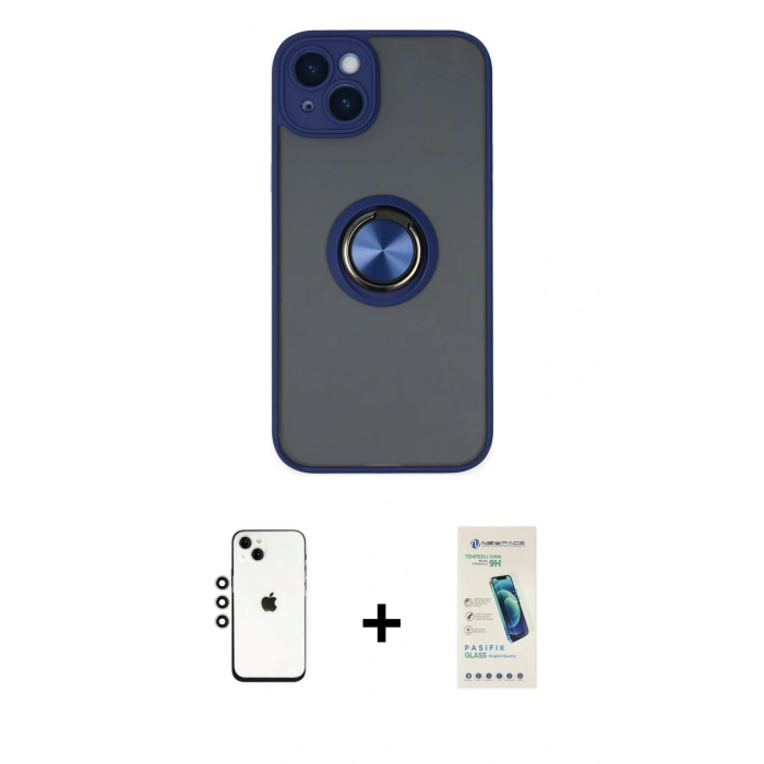 MARSİLYAN™- iPhone 14 Kılıf Yörünge Çizgi - Şeffaf Pasifik Cam Ekran Koruyucu + Shine Kamera Lens - GS