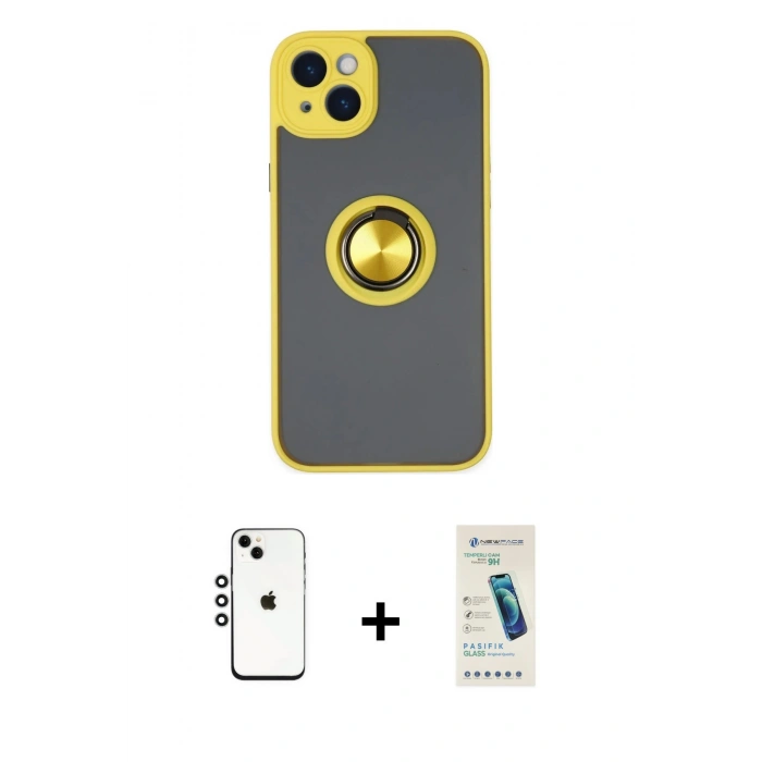 MARSİLYAN™- iPhone 14 Kılıf Yörünge Çizgi - Şeffaf Pasifik Cam Ekran Koruyucu + Shine Kamera Lens - GS