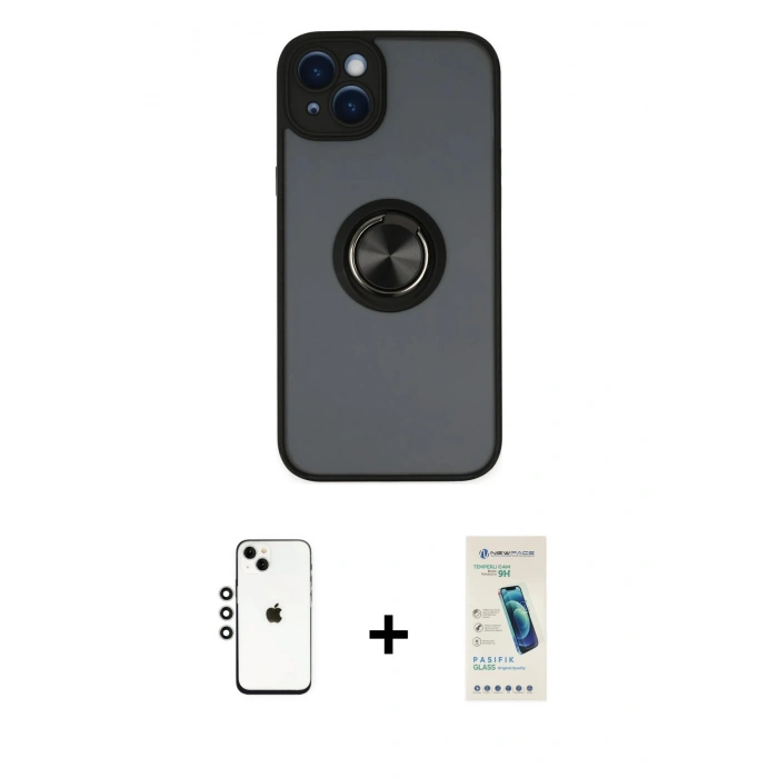 MARSİLYAN™- iPhone 14 Kılıf Yörünge Çizgi - Şeffaf Pasifik Cam Ekran Koruyucu + Shine Kamera Lens - GS