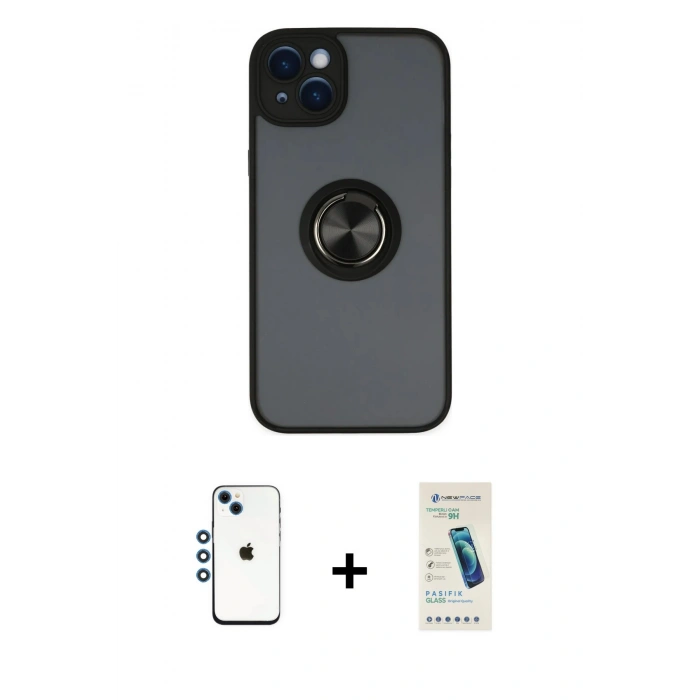 MARSİLYAN™- iPhone 14 Kılıf Yörünge Çizgi - Şeffaf Pasifik Cam Ekran Koruyucu + Shine Kamera Lens - MI