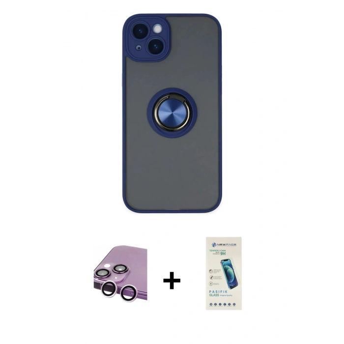 MARSİLYAN™- iPhone 14 Kılıf Yörünge Çizgi - Şeffaf Pasifik Cam Ekran Koruyucu + Raze Metal Kamera Lens - MR