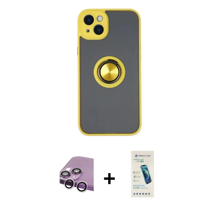 MARSİLYAN™- iPhone 14 Kılıf Yörünge Çizgi - Şeffaf Pasifik Cam Ekran Koruyucu + Raze Metal Kamera Lens - MR