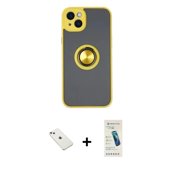 MARSİLYAN™- iPhone 14 Kılıf Yörünge Çizgi - Şeffaf Pasifik Cam Ekran Koruyucu + Diamond Kamera Lens - PE
