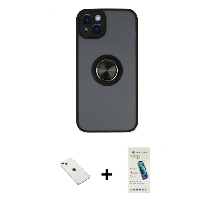 MARSİLYAN™- iPhone 14 Kılıf Yörünge Çizgi - Şeffaf Pasifik Cam Ekran Koruyucu + Diamond Kamera Lens - PE