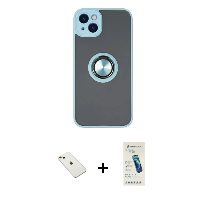 MARSİLYAN™- iPhone 14 Kılıf Yörünge Çizgi - Şeffaf Pasifik Cam Ekran Koruyucu + Diamond Kamera Lens - PE
