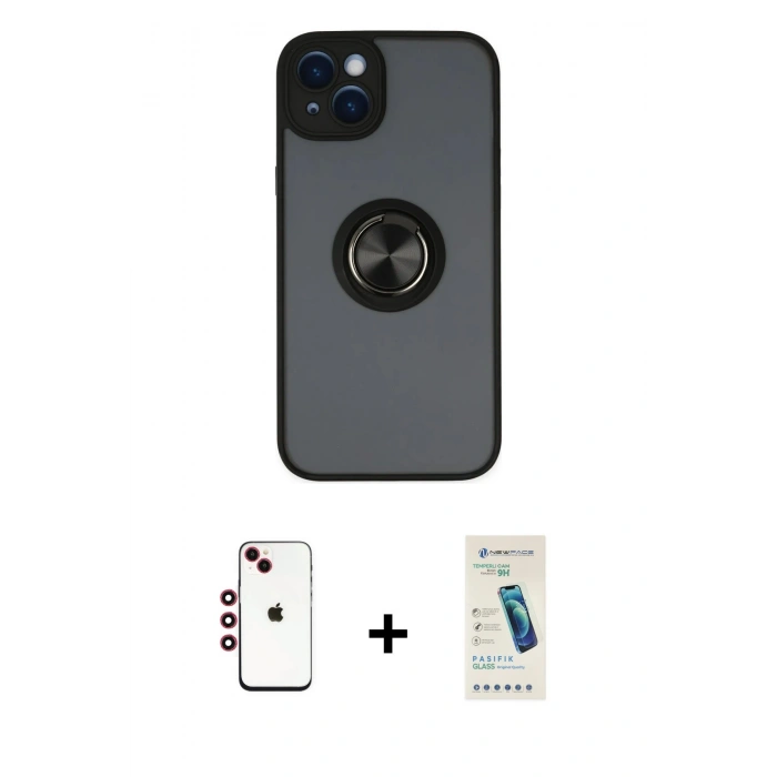 MARSİLYAN™- iPhone 14 Kılıf Yörünge Çizgi - Şeffaf Pasifik Cam Ekran Koruyucu + Shine Kamera Lens - KI
