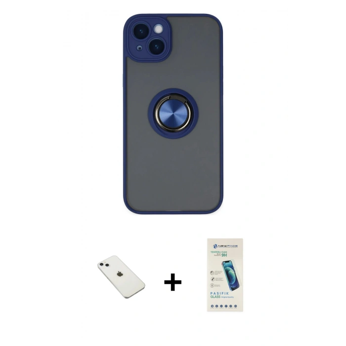 MARSİLYAN™- iPhone 14 Kılıf Yörünge Çizgi - Şeffaf Pasifik Cam Ekran Koruyucu + Diamond Kamera Lens - SABE