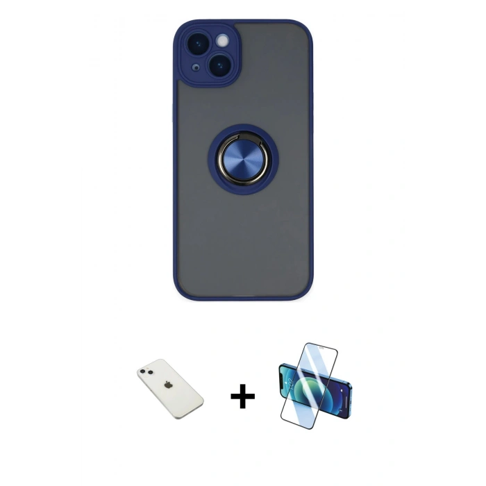 MARSİLYAN™- iPhone 14 Kılıf Yörünge Çizgi - Siyah 3D Antistatik Cam Ekran Koruyucu + Diamond Kamera Lens - SABE