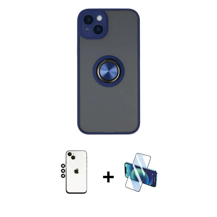 MARSİLYAN™- iPhone 14 Kılıf Yörünge Çizgi - Siyah 3D Antistatik Cam Ekran Koruyucu + Shine Kamera Lens - SH