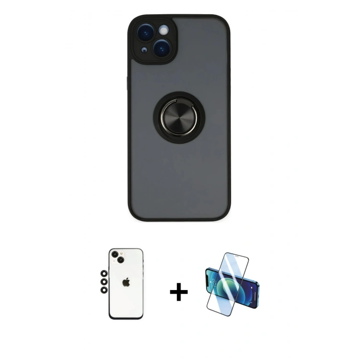 MARSİLYAN™- iPhone 14 Kılıf Yörünge Çizgi - Siyah 3D Antistatik Cam Ekran Koruyucu + Shine Kamera Lens - SH