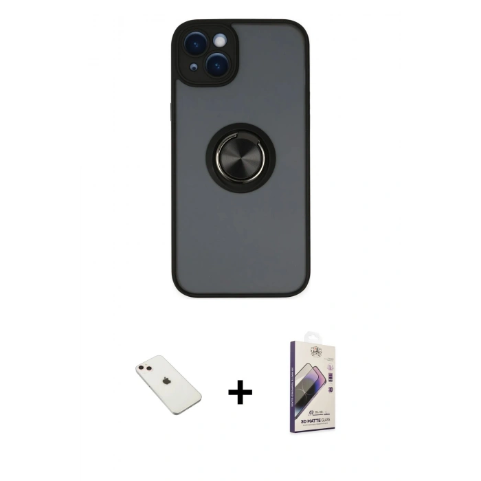 MARSİLYAN™- iPhone 14 Kılıf Yörünge Çizgi - Siyah Bilvis 3D Mat Cam Ekran Koruyucu + Diamond Kamera Lens - PE