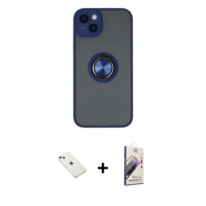 MARSİLYAN™- iPhone 14 Kılıf Yörünge Çizgi - Siyah Bilvis 3D Mat Cam Ekran Koruyucu + Diamond Kamera Lens - PE