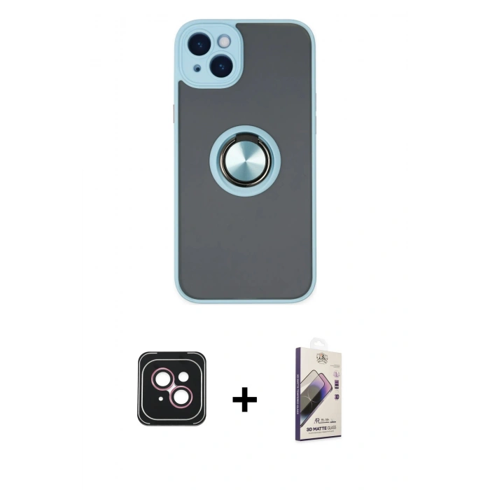 MARSİLYAN™- iPhone 14 Kılıf Yörünge Çizgi - Siyah Bilvis 3D Mat Cam Ekran Koruyucu + PVD Metal Kamera Lens - PE
