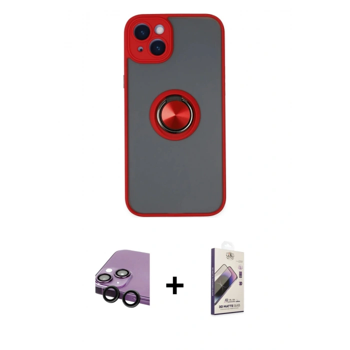 MARSİLYAN™- iPhone 14 Kılıf Yörünge Çizgi - Siyah Bilvis 3D Mat Cam Ekran Koruyucu + Raze Metal Kamera Lens - SH