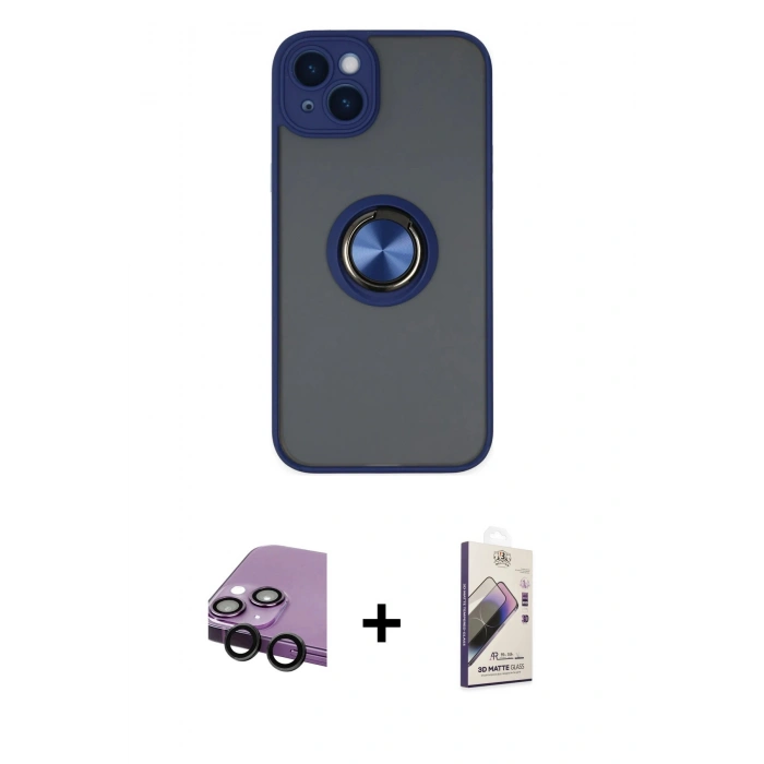 MARSİLYAN™- iPhone 14 Kılıf Yörünge Çizgi - Siyah Bilvis 3D Mat Cam Ekran Koruyucu + Raze Metal Kamera Lens - SH