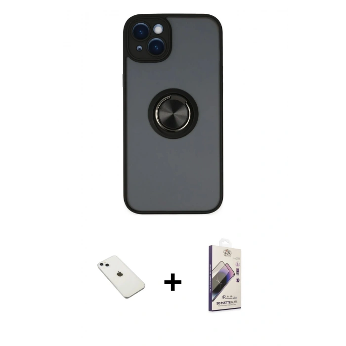 MARSİLYAN™- iPhone 14 Kılıf Yörünge Çizgi - Siyah Bilvis 3D Mat Cam Ekran Koruyucu + Diamond Kamera Lens - SABE