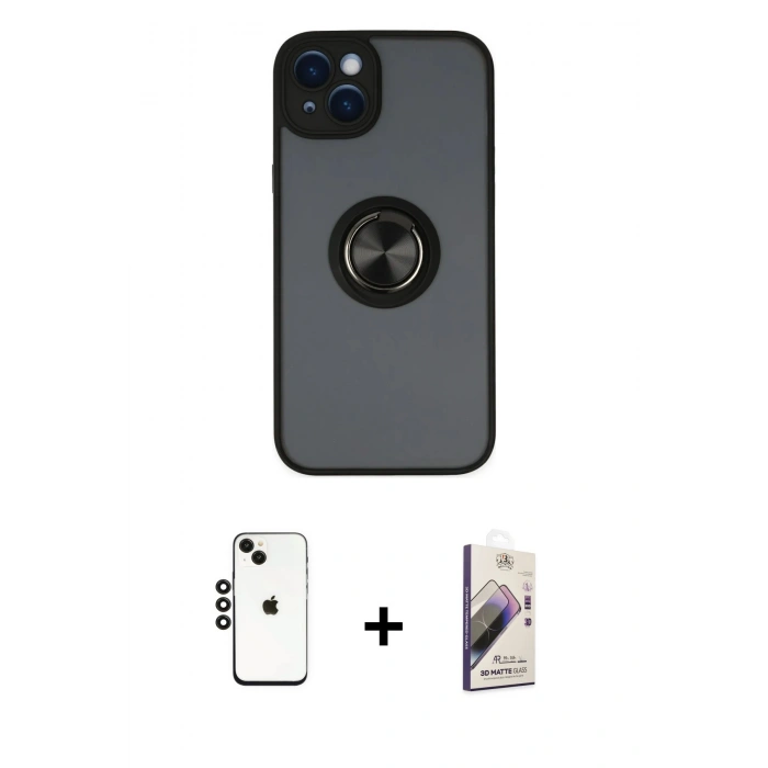 MARSİLYAN™- iPhone 14 Kılıf Yörünge Çizgi - Siyah Bilvis 3D Mat Cam Ekran Koruyucu + Shine Kamera Lens - SH