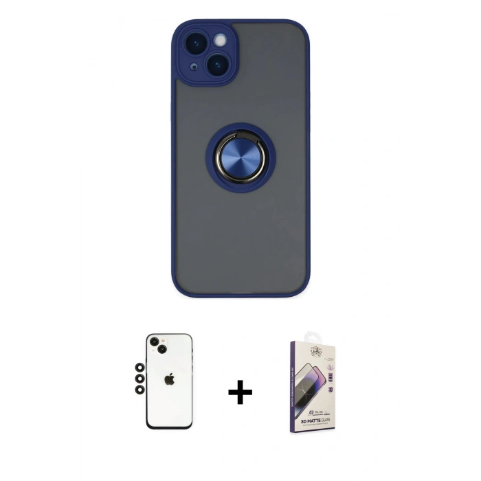 MARSİLYAN™- iPhone 14 Kılıf Yörünge Çizgi - Siyah Bilvis 3D Mat Cam Ekran Koruyucu + Shine Kamera Lens - SH