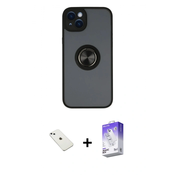 MARSİLYAN™- iPhone 14 Kılıf Yörünge Çizgi - Siyah Bilvis 5in1 3D Magic Cam Ekran Koruyucu + Diamond Kamera Lens - SABE