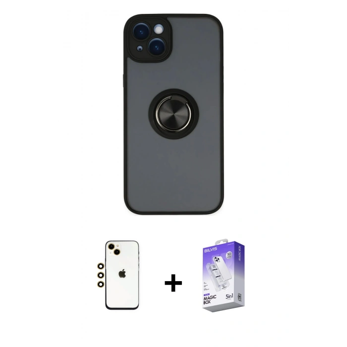 MARSİLYAN™- iPhone 14 Kılıf Yörünge Çizgi - Siyah Bilvis 5in1 3D Magic Cam Ekran Koruyucu + Shine Kamera Lens - GD