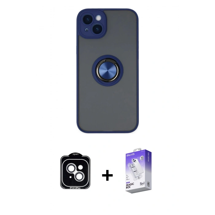 MARSİLYAN™- iPhone 14 Kılıf Yörünge Çizgi - Siyah Bilvis 5in1 3D Magic Cam Ekran Koruyucu + PVD Metal Kamera Lens - GS
