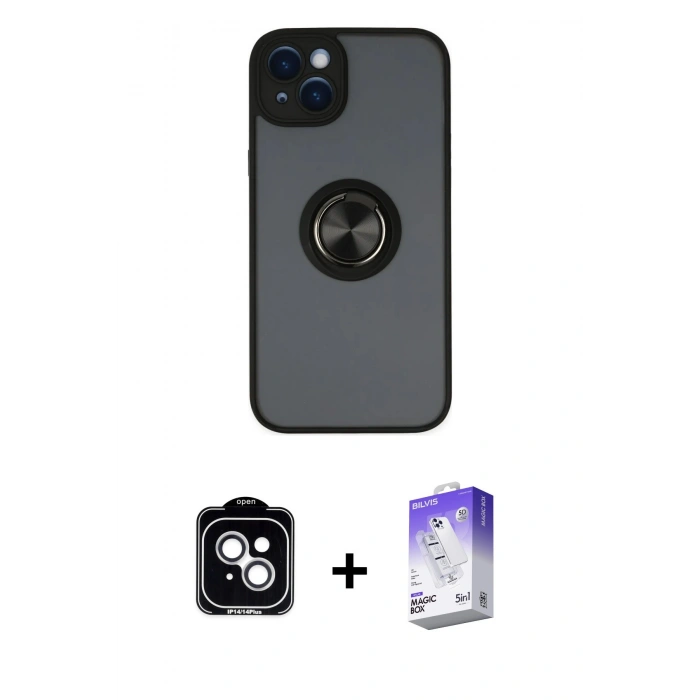 MARSİLYAN™- iPhone 14 Kılıf Yörünge Çizgi - Siyah Bilvis 5in1 3D Magic Cam Ekran Koruyucu + PVD Metal Kamera Lens - GS