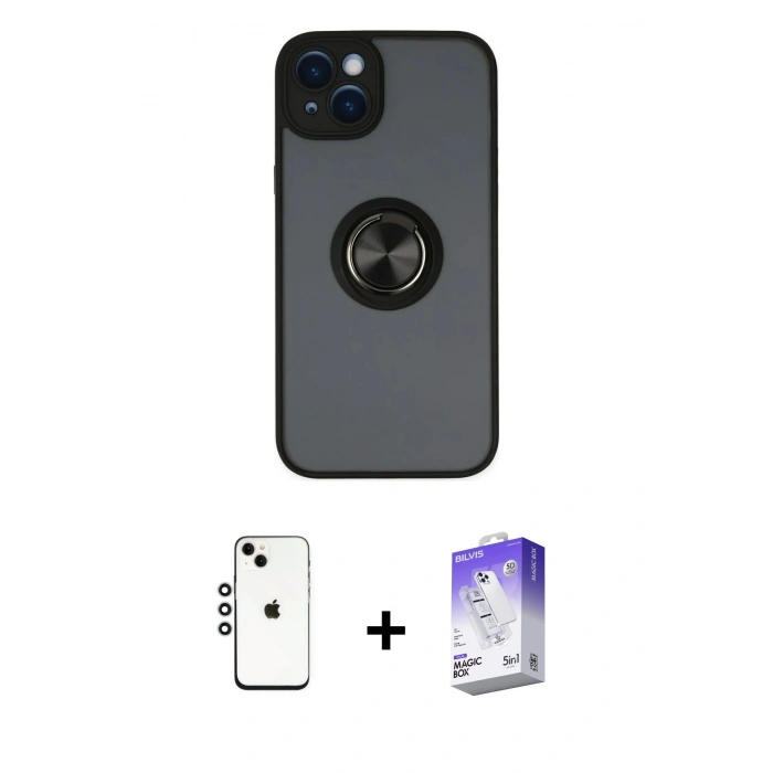 MARSİLYAN™- iPhone 14 Kılıf Yörünge Çizgi - Siyah Bilvis 5in1 3D Magic Cam Ekran Koruyucu + Shine Kamera Lens - GS