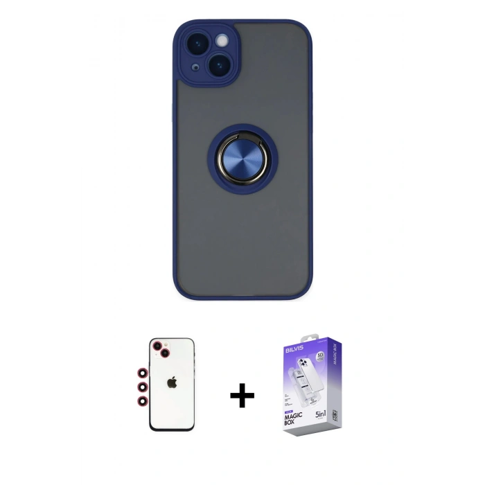 MARSİLYAN™- iPhone 14 Kılıf Yörünge Çizgi - Siyah Bilvis 5in1 3D Magic Cam Ekran Koruyucu + Shine Kamera Lens - KI