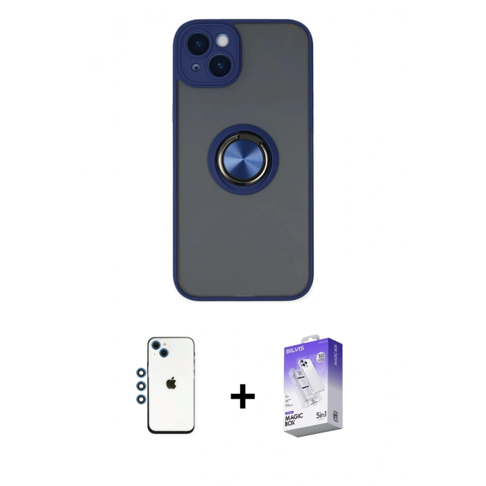 MARSİLYAN™- iPhone 14 Kılıf Yörünge Çizgi - Siyah Bilvis 5in1 3D Magic Cam Ekran Koruyucu + Shine Kamera Lens - MI