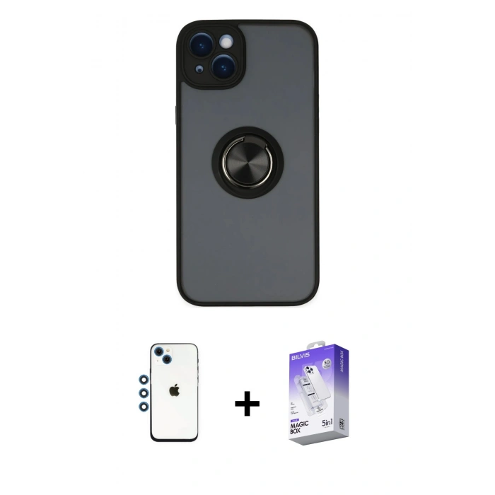 MARSİLYAN™- iPhone 14 Kılıf Yörünge Çizgi - Siyah Bilvis 5in1 3D Magic Cam Ekran Koruyucu + Shine Kamera Lens - MI